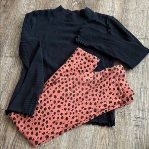 Kids Black Ribbed Top and Pink Polka Dot Leggings Set